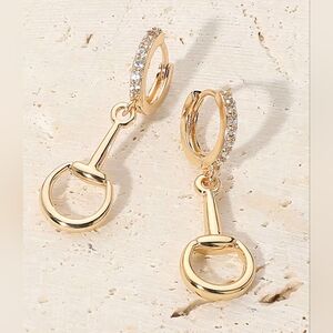 Stone Paved Huggie Hoop Accent Horsebit Drop Earrings